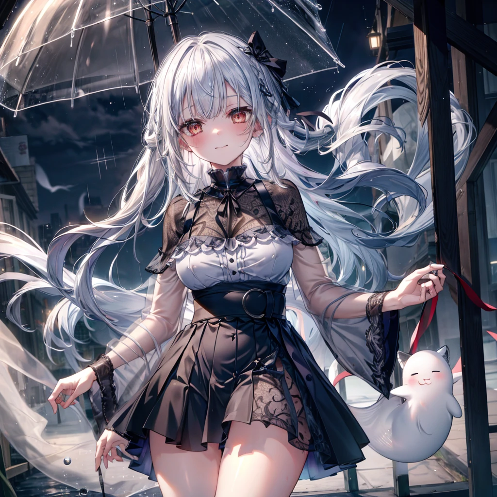 ((Highest quality)), ((masterpiece)), ((detailed)), (nsfw), 1ghost girl, 独奏, pale skin, silver hair, long hair, large breasts, white sundress, pantyless, pussy, spread legs, yellow eyes, (sad), sad smile, aroused, rain, (wet), night town, see through, (looking down), (from below), looking at viewer, cowboy shot