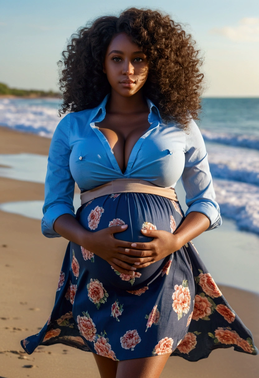 Ultra-realistic, 4K, Professional photos, 22-year-old girl, Black girl, ((huge breasts)), ((huge pregnant)), big curly hair, High resolution, Detailed face, Medium bodied, Floral skirt, (Open blue shirt), masterpiece, (Lighting), (1 solo), Beach Background, Realistic Background, Realistic photos