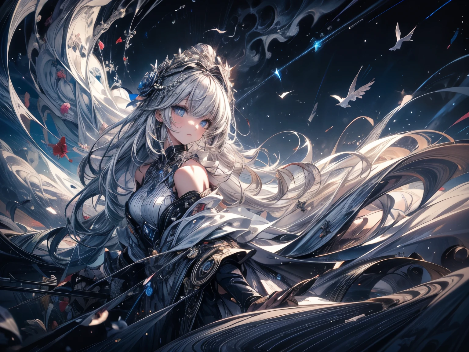 bust, Wave, 1 Girl, no.18, Very long hair, silver slit dress, 
Flowers Bloom,  Milky Way, Spiral Nebula, bird,  dream-like,
Highest quality, masterpiece, Ultra-high resolution, figure, Deep Shadow, Rim Light, 