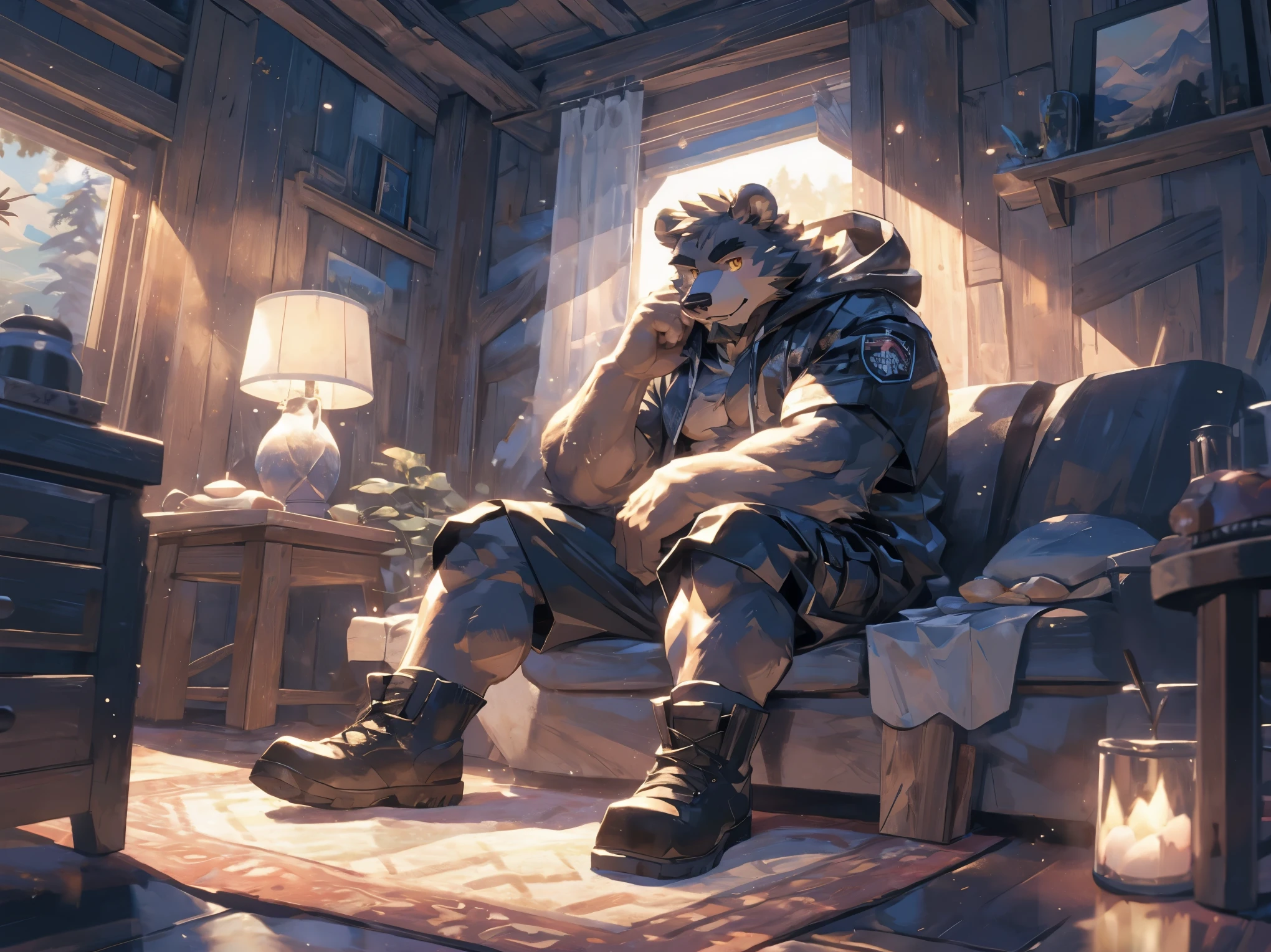 (masterpiece:1.2), best quality,pixiv,official art,perfect anatomy, (Ray tracing, light),solo, (1_male:1.3) , (muscle), (grey fur:1.4), (muscle bear), (beard:1.2), (gleaming golden eyes), bear tail, full body, Thick black eyebrows,(open hooded parka), (naked inside), (cargo shorts:1.2), boots, indoor, cabin , carpet , sitting on sofa , (lake land:1.3)