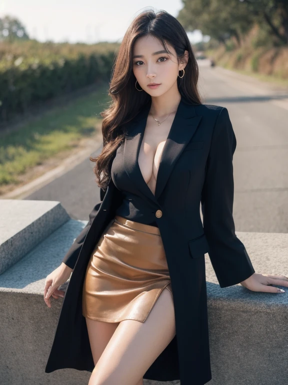 The most beautiful actresses in the world, she is a 19 year old woman, Perfect body proportions for this girl in a tight skirt suit, The only exposed skin on this woman is below the crotch, The blazer is worn over a formal shirt that exposes her large breasts., Only 1cm of her crotch is visible under her short skirt, Her bare thighs, Her bare knees, Under her shins、It's outside the frame of this photo, Her head is just below this frame., Her whole body is facing directly towards the viewer, In the city, She is standing, Browsing Caution, Highest quality, Very detailed, masterpiece, Ultra-high resolution, Photo Real, 8K, RAW Photos