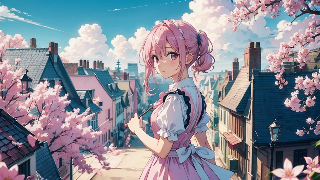 Pink Hair Color　Fluttering in the wind　cute　Maid clothes　Fantasy　magic　City Background