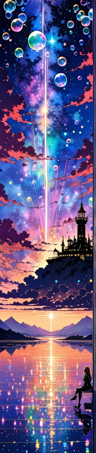 in style of Harry Clarke,in style of Jaehyo Lee，twiceLight, (1 girl holding bubbles), spring、The breakwater at dusk、In the distance, Expressing the world of high fantasy, Guardian nebula of rainbow light and silvery vapor, The colors of the Corrosive Encirclement Ray family fill the sky, (A magnificent composition, Epic proportions), masterpiece