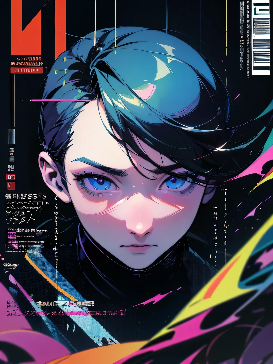 (magazine cover:1.3),ulzzang-6500, (realistic: 1.3) (original: 1.2), man, masterpiece, best quality, beautiful clean face, fullbody, 1 man, glitch art, (digital distortion), pixelated fragments, data corruption,colorful noise, visual chaos,contemporary aesthetics