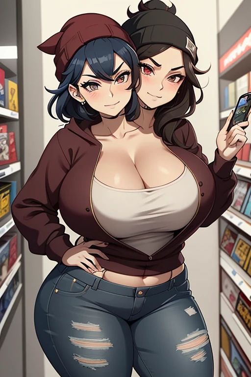 2heads, tall chubby woman with 2 heads. At a video game store. Short messy maroon hair. Wearing a beanie. Wearing unbuttoned open hoodie, bra underneath. Wearing jeans. Mature, womanly. Thick thighs, wide hips. Wearing eyeliner, baggy tired eyes. Many tattoos and piercings. Smirking, happy. 