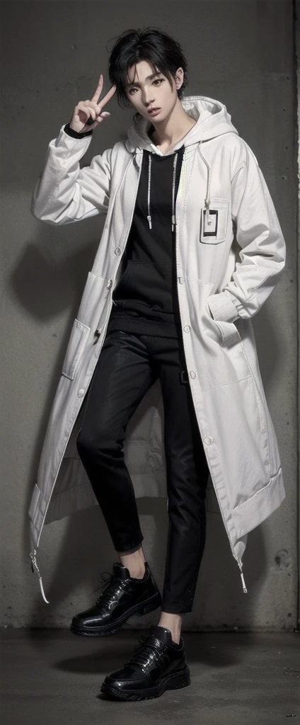 young asian man, Japanese idol style, short clean-cut hair, ((center part)), (crisp white lab coat:1.3), ((black hoodie underneath:1.7)), (black pants:1.7), (black shoes:1.7), calm confident expression, (holding a product in right hand:1.3), (pointing with left index finger:1.3), explaining pose, plain white background, mid-shot portrait, full body view, high quality, detailed, 8K, (realistic skin texture:1.2), (sharp focus:1.1), (contrast between white coat and black clothing:1.2)