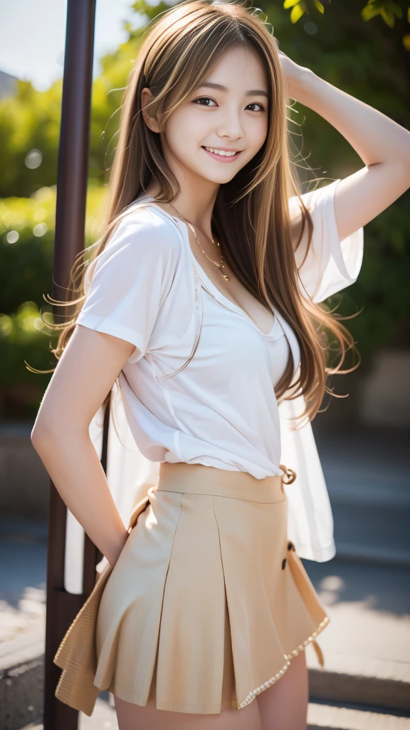 (RAW Photos:1.2)、Highest quality、Precise beauty、Beautiful long hair woman、The most beautiful women in the world、Beautiful and sharp features、21 years old、Smooth super long hair that looks blonde、Highly detailed face、cutesmileの女の子、Happy expression、Beautiful and beautiful eyes、eyeliner、Small face、Ample breasts、T-Shirts、necklace、Semi-backlit、High resolution、8k wallpaper、The gesture of pulling up the hair(Photorealism:1.4)、Super detailed、masterpiece、Very bright photo、Take off your pants and place them on your fingers、smile、Beauty、cute、Various clothes、one piece、skirt