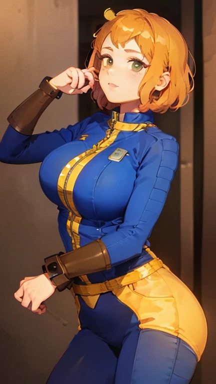 Vault girl has large breasts showing and yellow short hair and she is wearing her vault jumpsuit and she has a cute face and she has a big boob hole 