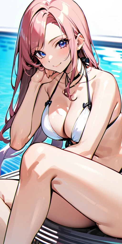 ((Highest quality、、masterpiece:1.3)), Upper Body、Long legs、Sharp focus:1.2, Beautiful woman with perfect figure:1.4、(Smiling:1.2), double eyelid、30-year-old female、Sexy pose、((((Close your mouth、One Woman、bikini)))),(((((one women,poolside:1.5)))))