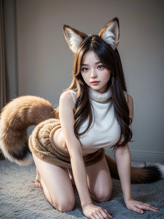 ((Highest quality)), ((masterpiece)), (Familiar), Perfect Face, fox lady, Pretty girl, Fox Ears, Fox tail, She has a northern fox tail, She wags her fluffy tail, fur collar, Beautiful hip line, Big , Thick thighs, A big tail growing out from under the skirt, Nice body, On all fours , Shyly staring at his tail, Only one tail, a shy face