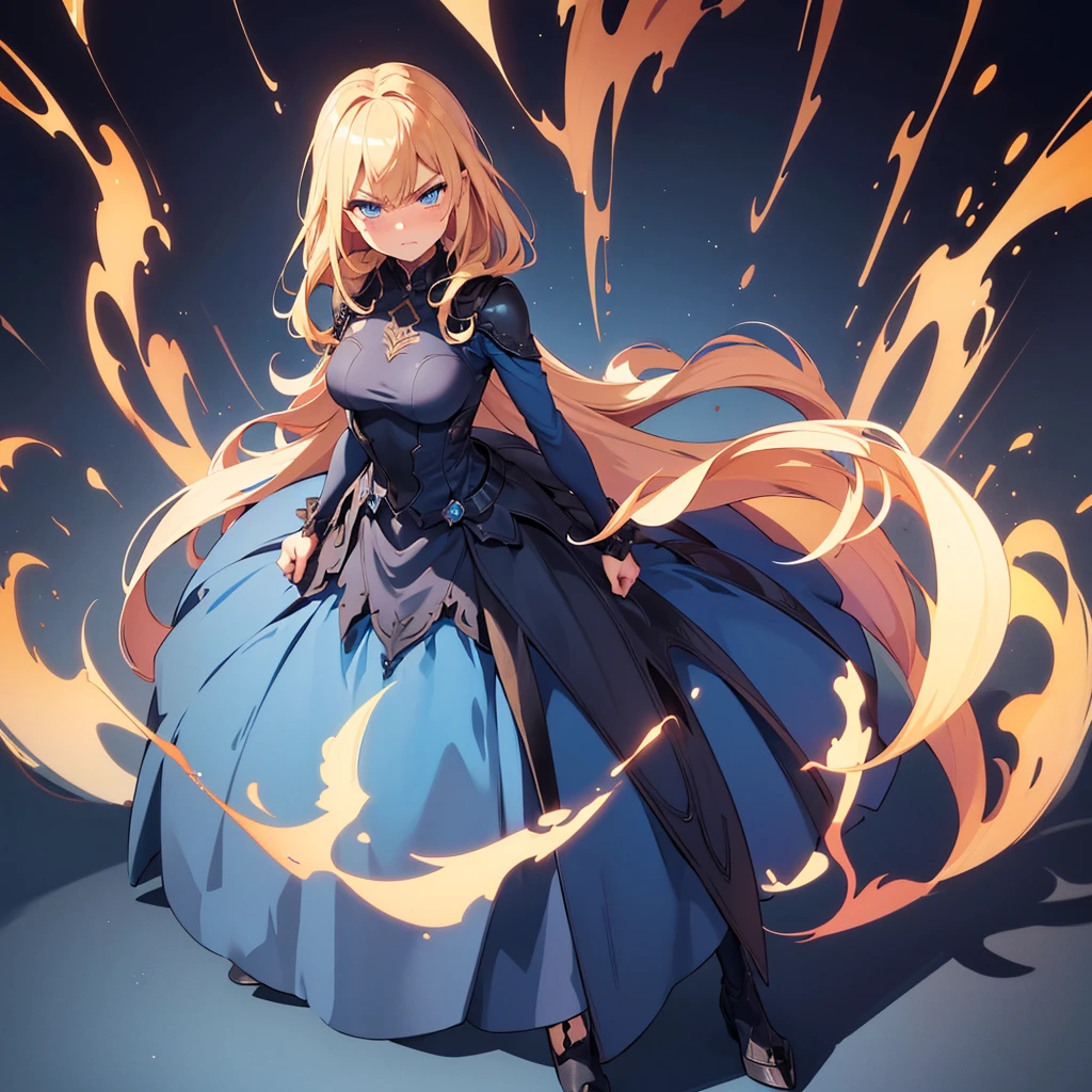 NSFW, (((1Woman))), ((best quality)), ((masterpiece)), (detailed), beautiful face, (((angry expression))), (defiance512:1.2), (((medium wavy hairstyle))), (((blue conservative dress outfit))), (((dark dungeon background))), big blue eyes, ((blush cheeks)), evil grin dominant expression, (((standing dominant pose))), (((blonde hair colour))), (((bright glowing hypnotic blue eyes))), (((skinny figure))), intense seductive gaze, contrasting soft skin, (lighting:1.2), 4:3 aspect ratio, full body, medium-size concealed