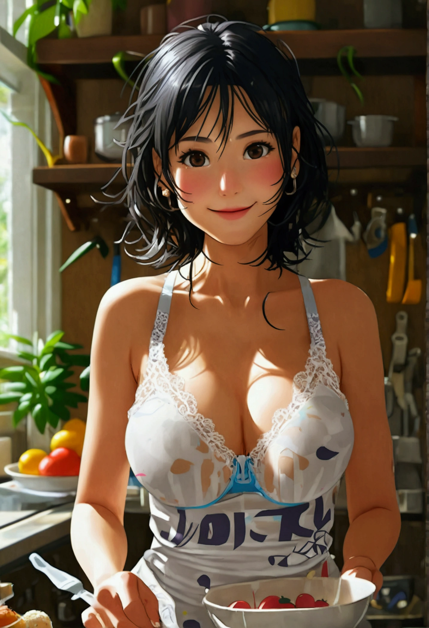 housewife in the kitchen、(smile)、(Mature Woman)、(45 years old)、Big Breasts、((Super tight print T-shirt))、cooking、Knee-length skirt、((Black-haired))、Highest quality、Ultra-high resolution、(Realistic:1.85)、Beautiful Japanese Eyes、Super Beauty、Perfect Style、Perfect balance、Detailed skin、((Delicate photo)),(Detailed RAW photos of girls), (Tabletop:1.25), (Highest quality:1.6), (Ultra-high resolution:1.5), (Realisticです:1.75), 8K resolution, Canon EOS R5, 50mm, Absurd, Very detailed,Cinema Lighting、(((I can see your bra)))、(Lace Lingerie)、Lift up your shirt、((Grab your shirt))