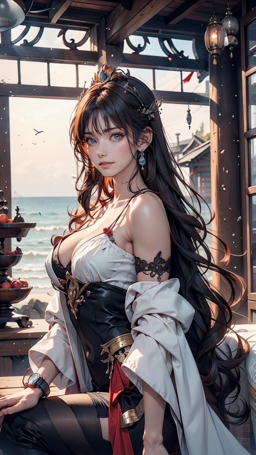 There is a woman sitting on the beach holding a watch, Queen of the Sea Mu Yanling, Beautiful digital art, Highly detailed digital art in 4K, Beautiful Fantasy Empress, 8k high quality detailed art, Fantasy Beautiful, Jan J, Beautiful and gorgeous digital art, Gwaiz, artwork in the style of Gwaiz, Beautiful fantasy art, Chinese Fantasy