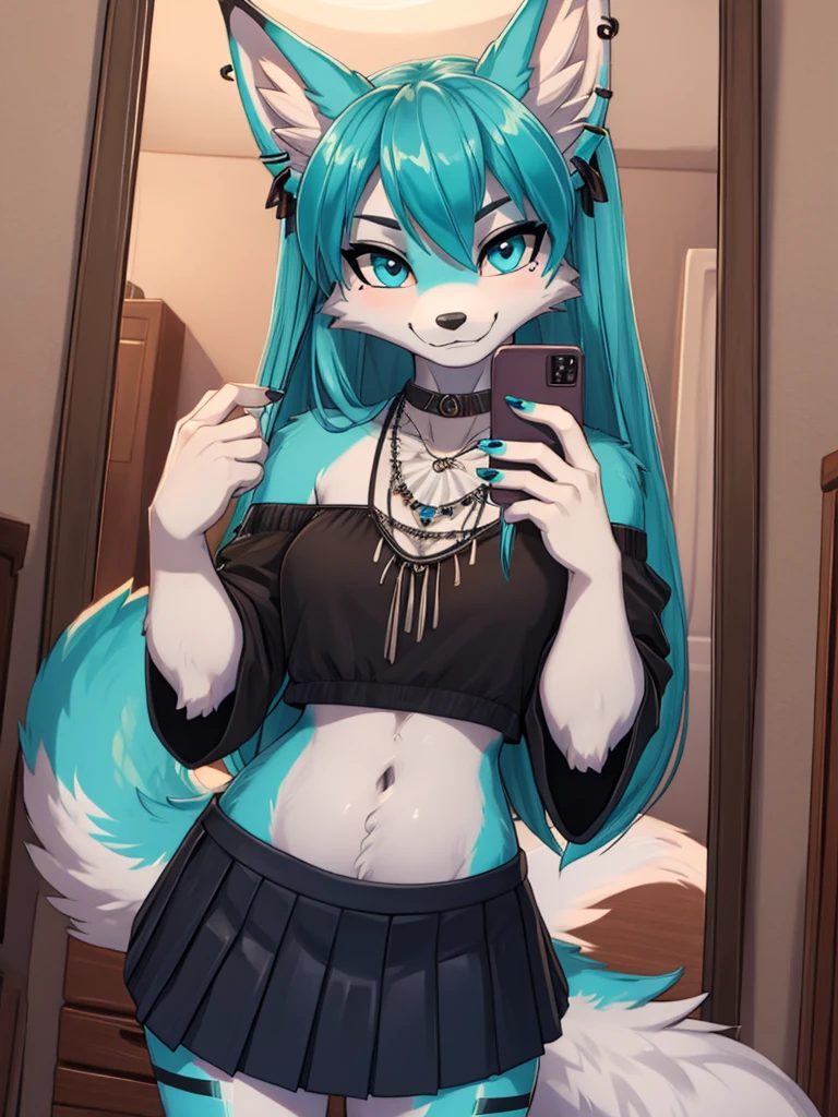 Miku Hatsune, add high definition_detail:1, blue fur,kitsune ears, tribal tattoo add_detail:1, She takes a selfie in front of the mirror in a room during a full moon showing off her beautiful figure and her outfit. (black blouse bare shoulders, pleated mini skirt)sweaty body add_details:1, smiling add_detailsl:1, ear piercing add_detail:1