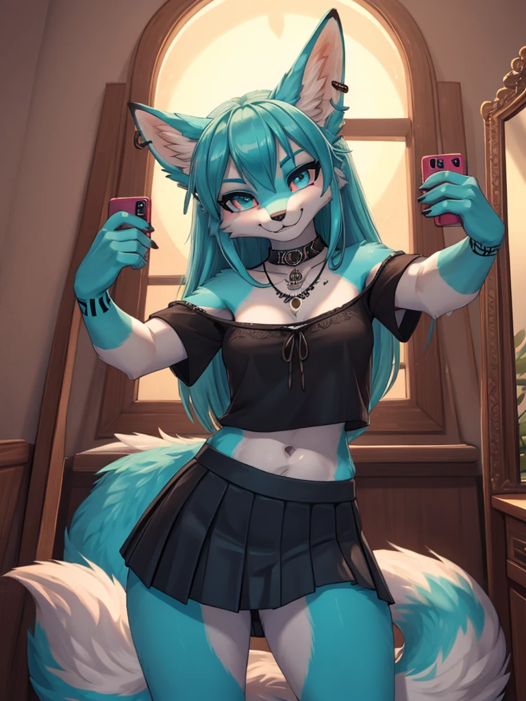 Miku Hatsune, add high definition_detail:1, blue fur,kitsune ears, tribal tattoo add_detail:1, She takes a selfie in front of the mirror in a room during a full moon showing off her beautiful figure and her outfit. (black blouse bare shoulders, pleated mini skirt)sweaty body add_details:1, smiling add_detailsl:1, ear piercing add_detail:1