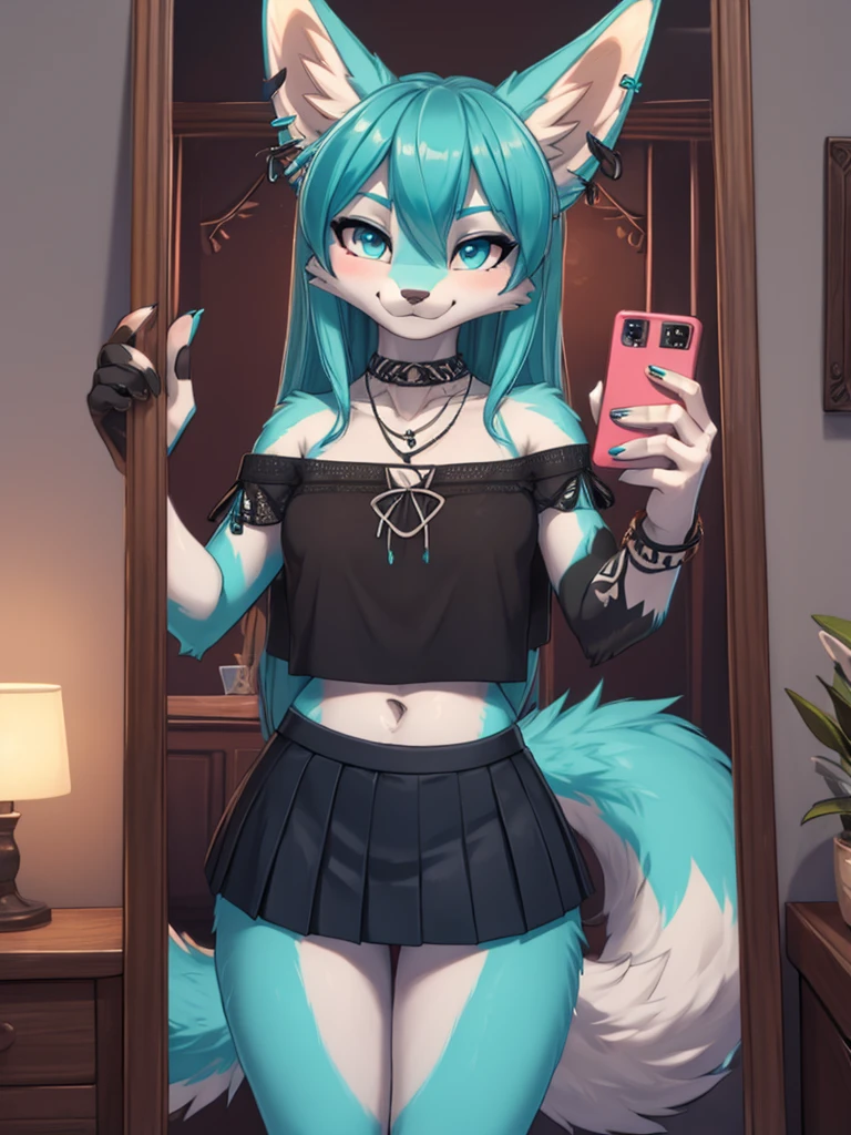 Miku Hatsune, add high definition_detail:1, blue fur,kitsune ears, tribal tattoo add_detail:1, She takes a selfie in front of the mirror in a room during a full moon showing off her beautiful figure and her outfit. (black blouse bare shoulders, pleated mini skirt)sweaty body add_details:1, smiling add_detailsl:1, ear piercing add_detail:1