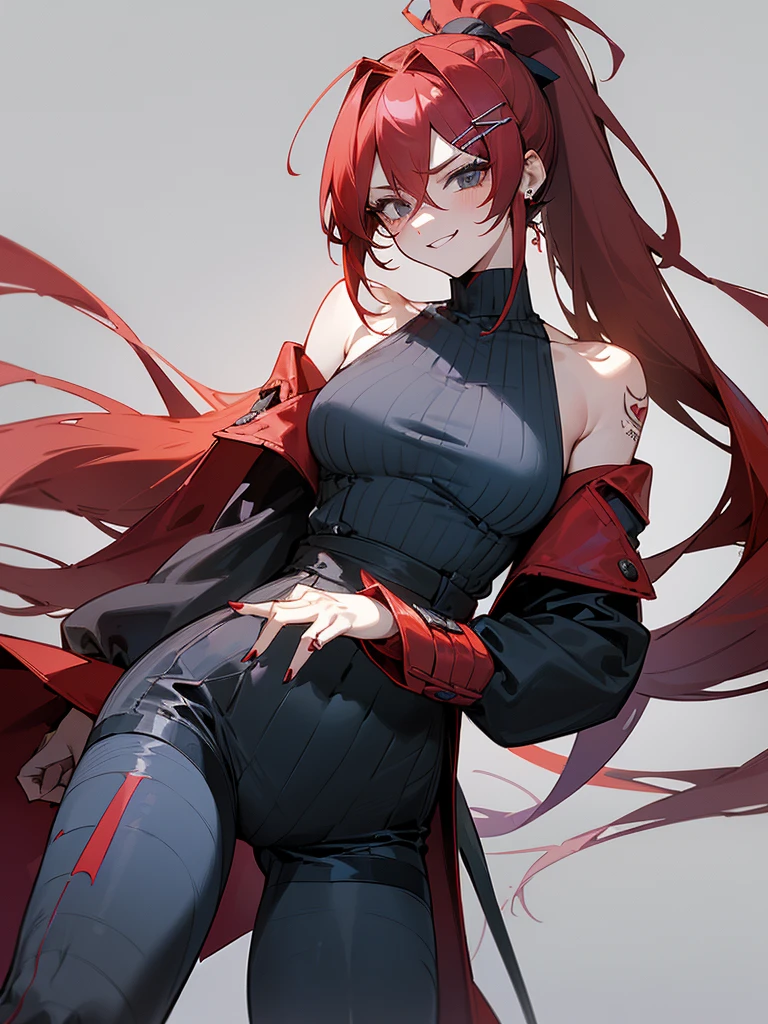 ((thigh-up portrait), 1 (masterpiece, sidelighting, finely detailed black eyes: 1.2), ((best quality)), ((masterpiece)), (highly detailed:1.3), anime, young girl, , , childish body, black shirt, turtleneck, open shoulders, ((open coat with oversized long sleeves)), oversized shorts, black shorts, pale skin, (shadowed eyes, darkened eyes), (smug, smirk), (extremely long hair, highlighted red hair, messy hair, ponytail, hair between eyes, hairclips on left side), ((dark blue stripped tights)), earrings, red tatto on cheek, solo, 1girl, red boots,