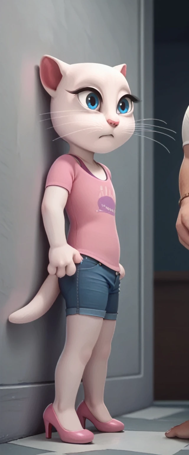 solo focus, a_la, 1girl, cat, white fur, long whiskers on both sides of the face, big bright blue eyes, big black eyelashes, pink nose, triangular ears with pink channels, high heels.short jeans pulled down. 1 girl and 1 boy human. Side view. It occurs when the woman lies on her back and the man settles on top of her. staring, big penis, 1 male rape, Score_9, Score_8_up, Score_7_