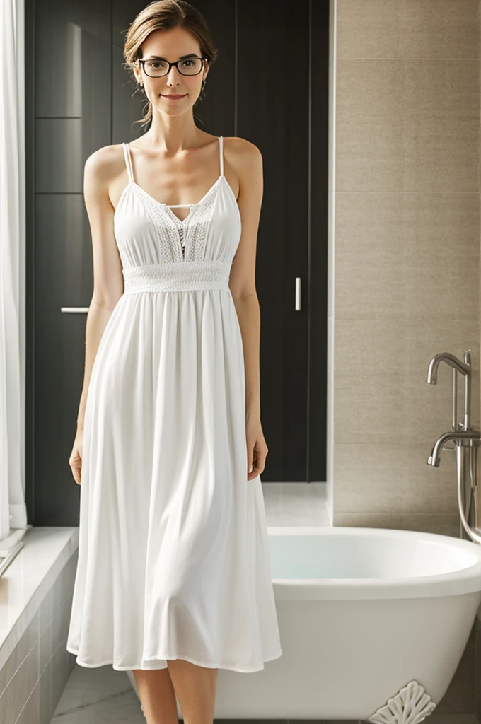 White tall woman with glasses in realistic bathing dress