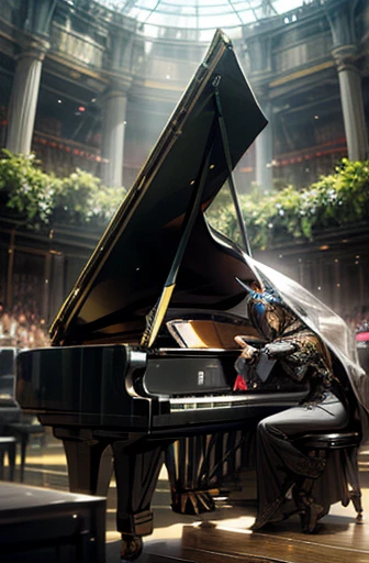 anime style, super fine illustration, highly detailed, dynamic angle, beautiful detailed, 8k, In the summer, during the daytime, in a semi-circular theater in the forest, BREAK an anthropomorphic robot sits on a chair, playing the piano. The robot's eyes are completely opened, and it has an expression of being immersed in the music. BREAK Anthropomorphic robots are present as the audience. BREAK Musical notes overflow from the piano.MECA,droid,Robot,pov,MECA pianist, helmet with アンテナ,