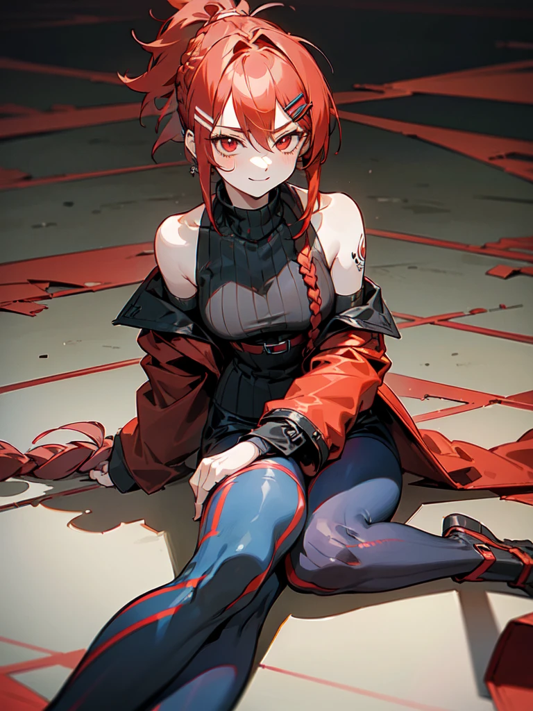 ((1 girl)), ((sitting on chair)), ((rope bondage)), ((arms behind back)), ((fully bound)), (restrained tightly), ((helpless)), (crimson hair, black hooded jacket, black shirt, black shorts, tights socks), ((blushing))