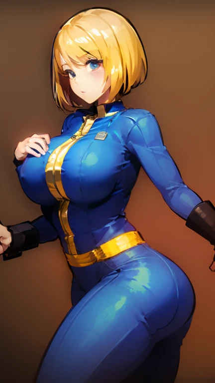 Vault girl has large breasts showing and yellow short hair and she is wearing her vault jumpsuit and she has a cute face and she has a big boob hole 