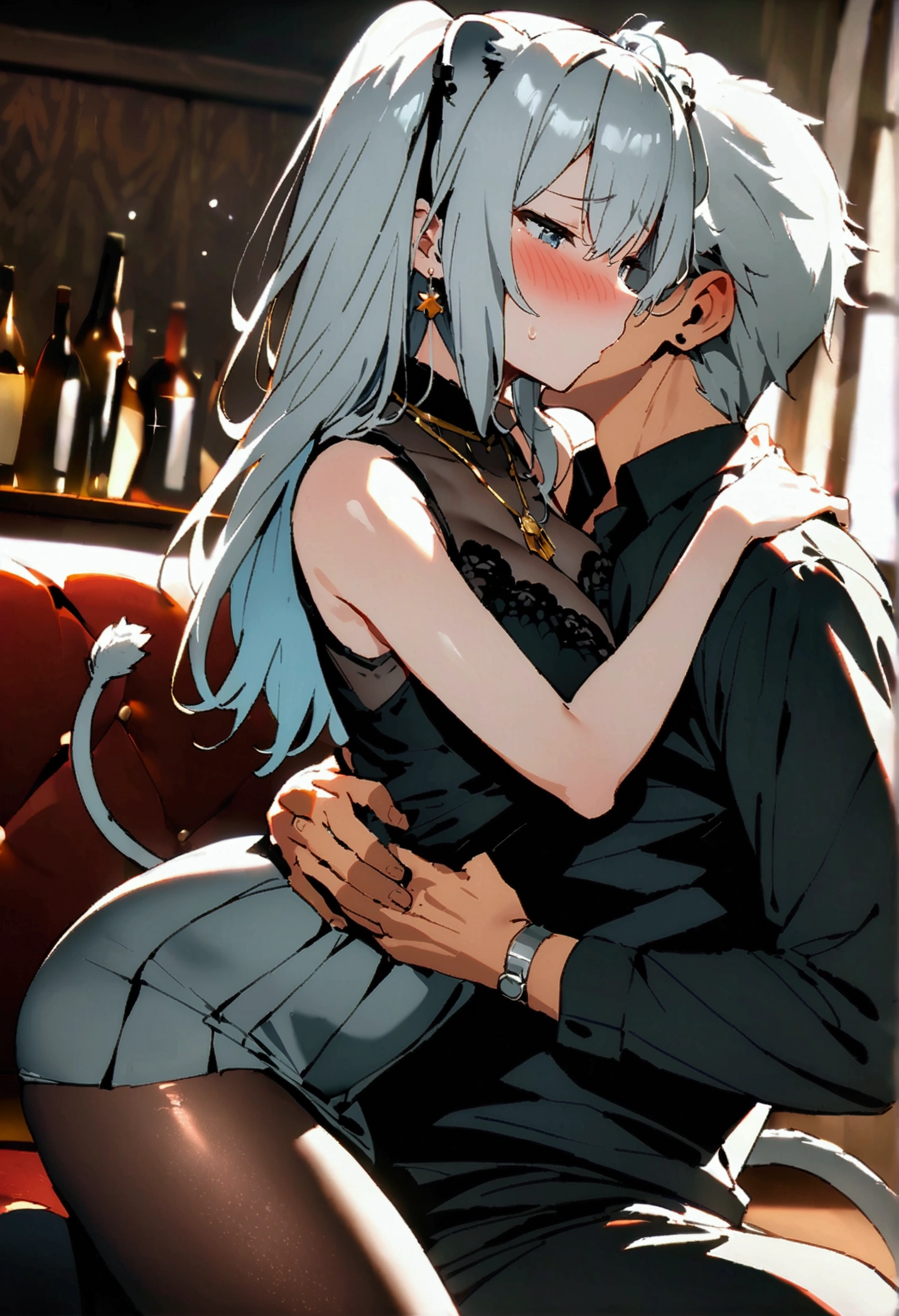 NSFW,masterpiece,Highest quality,High resolution,Super detailed,Shishirabotan\(Hololive\),Long Hair、Two Side Up、Earrings、Lion's Tail,necklace、Black Shirt、Sleeveless shirt、abdomen、See-through、Grey Skirt、片足pantyhose、pantyhose、Off the shoulder,Black sexy panties,Embarrassed,blush,(In heat),Luxurious Room,pub,Private room,sofa,(Drunk),(Intoxication),heart,Sexy pose,Panty shot,(Middle-aged men),(A man puts his hands on her waist and hugs her),to kiss,From the side,Face-to-face sitting position