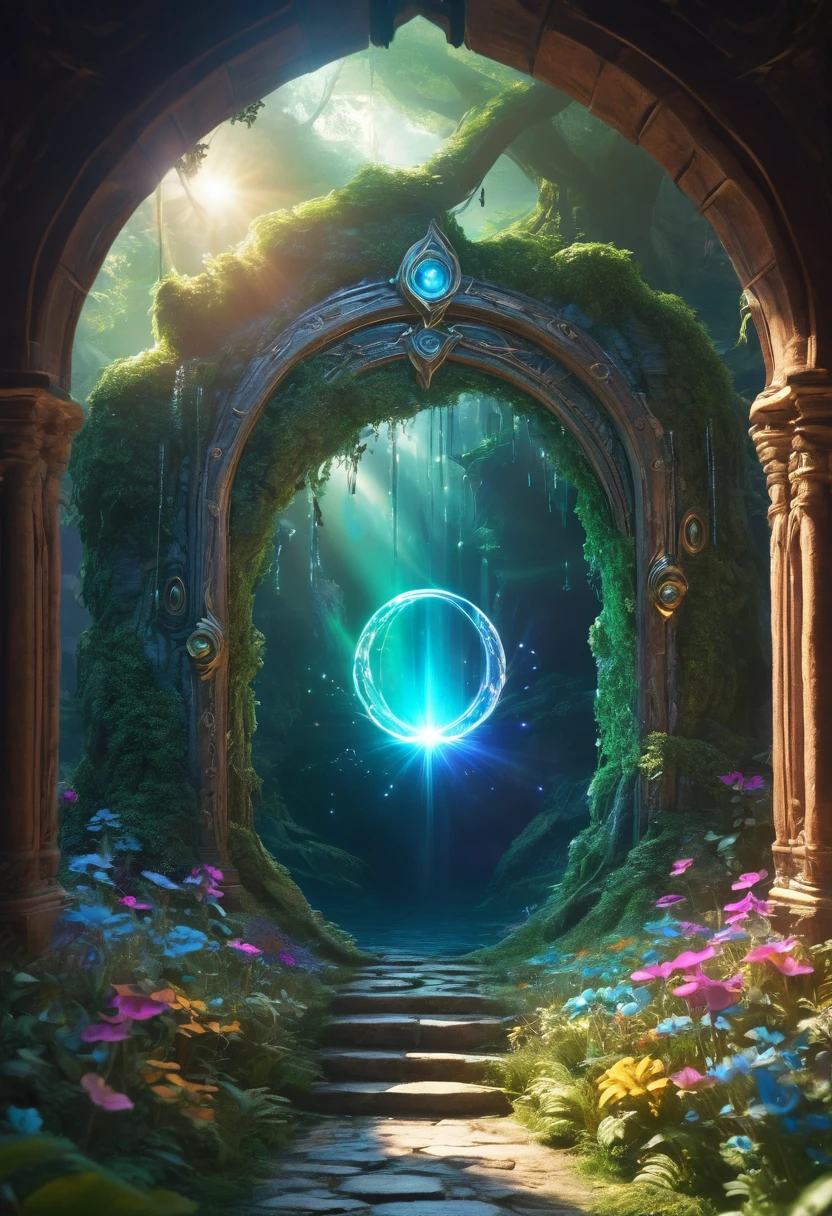 A fantasy world with a magical portal, Everything was magical, The atmosphere is full of magical color films, High Detail, best quality, 4K