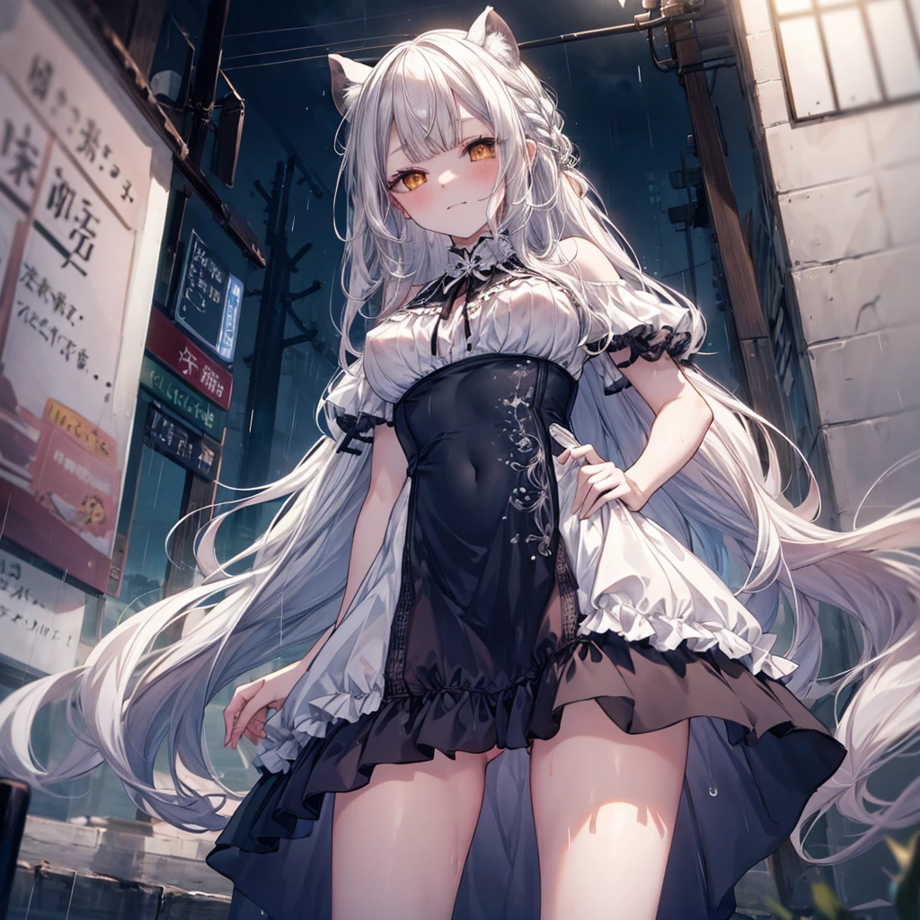 ((Highest quality)), ((masterpiece)), ((detailed)), (nsfw), 1ghost girl, 独奏, pale skin, silver hair, long hair, large breasts, white sundress, pantyless, pussy, spread legs, yellow eyes, (sad), sad smile, aroused, rain, (wet), night town, see through, (looking down), (from below), looking at viewer, cowboy shot