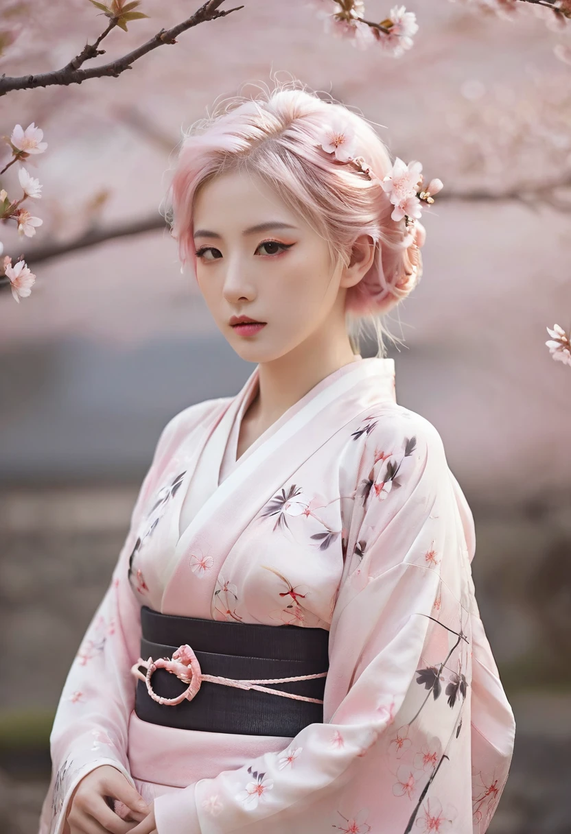 Surrealism, Very detailed, And a 16k resolution young, Beautiful female ghost or guardian spirit. She has light pink hair and translucent skin., Wearing traditional Japanese kimono，Small cherry blossom pattern on the belt. This image captures the ethereal beauty and mystery of the world. Style inspired by sophistication, The gentle beauty of traditional Japanese art.