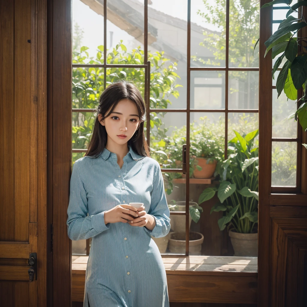 1girl, light blue shirt, dark blue stripes, standing, arched window, stone walls, detailed face, detailed eyes, detailed lips, long eyelashes, door with glass panels, rattan chair, green plants, rustic interior, oil painting, intricate details, beautiful architectural interior, best quality, 8k, highres, masterpiece, ultra-detailed, realistic, photorealistic, photo-realistic, HDR, UHD, studio lighting, ultra-fine painting, sharp focus, physically-based rendering, extreme detail description, professional, vivid colors, bokeh, architectural, warm lighting, natural lighting