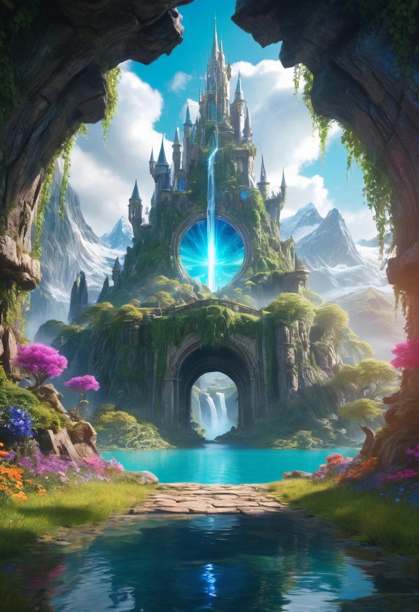 A fantasy world with a magical portal, Everything was magical, The atmosphere is full of magical color films, High Detail, best quality, 4K