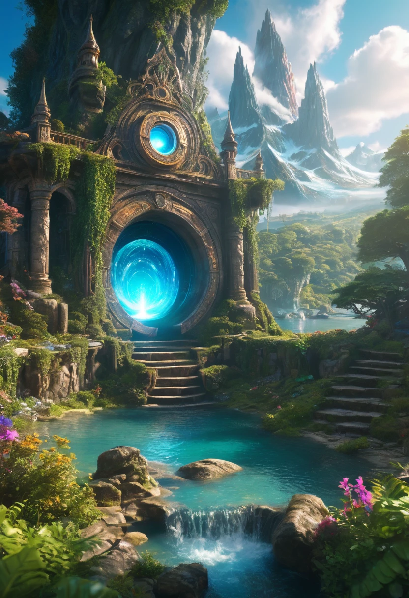 A fantasy world with a magical portal, Everything was magical, The atmosphere is full of magical color films, High Detail, best quality, 4K