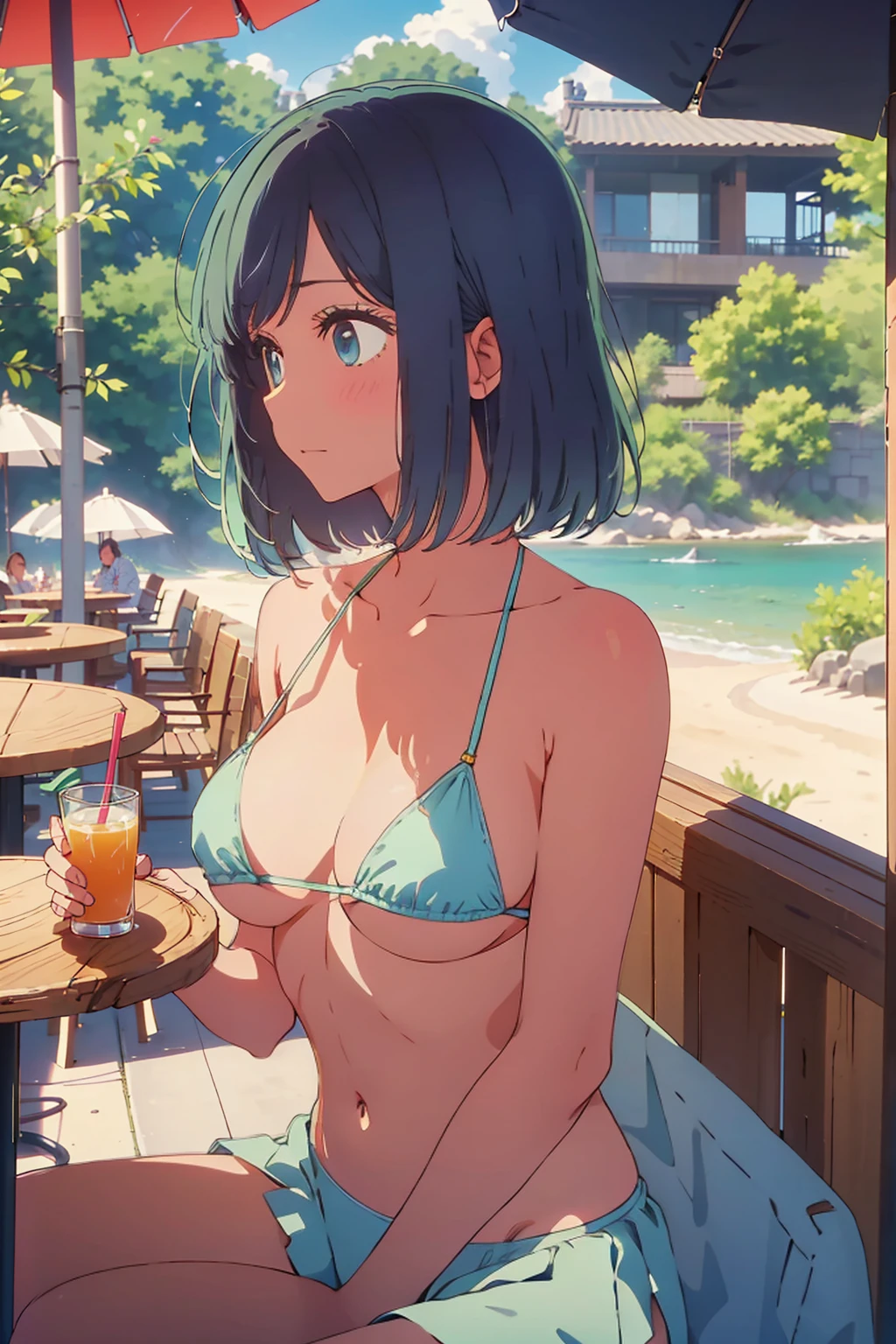 (Highest quality:1.4、masterpiece:1.4、Super detailed:1.4、8K:1.4)、((((1 person、Surprised expression、sit、Outdoor café terrace、coastal、juice、table、Sandy Beach、juiceのグラスを持つ、Micro Bikini、Very soft boobs、Big eyes、Very cute face))))、(shining lights:1.4)、F cup bust、Medium breast、Underboob、Sideboob