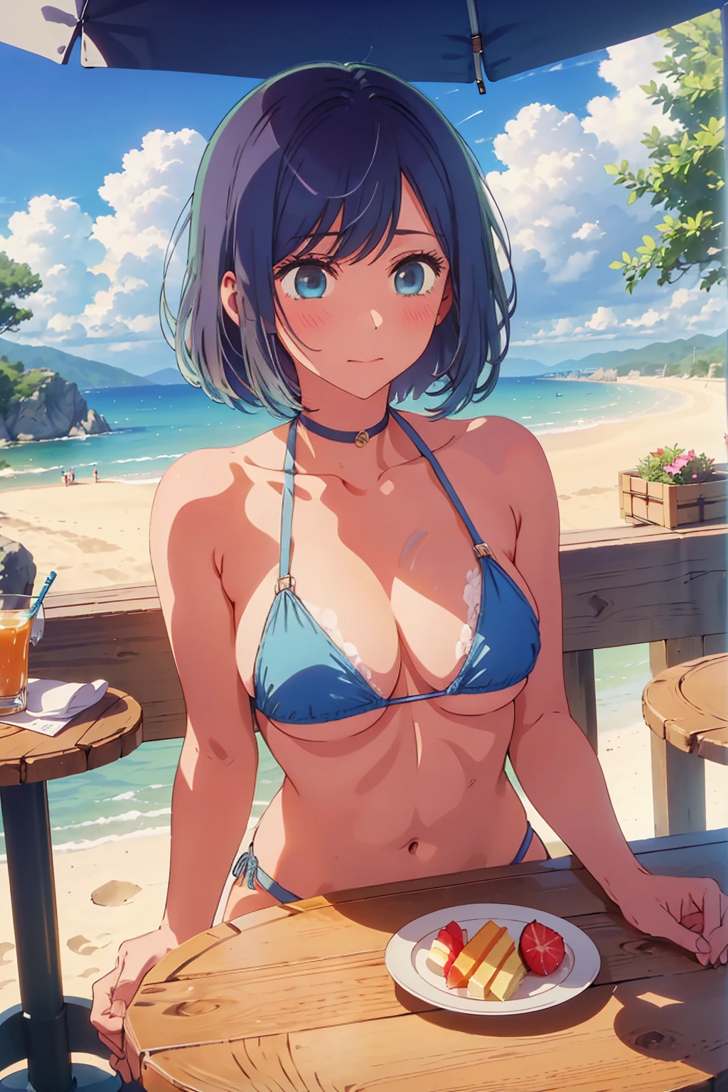 (Highest quality:1.4、masterpiece:1.4、Super detailed:1.4、8K:1.4)、((((1 person、Surprised expression、sit、Outdoor café terrace、coastal、juice、table、Sandy Beach、juiceのグラスを持つ、Micro Bikini、Very soft boobs、Big eyes、Very cute face))))、(shining lights:1.4)、F cup bust、Medium breast、Underboob、Sideboob