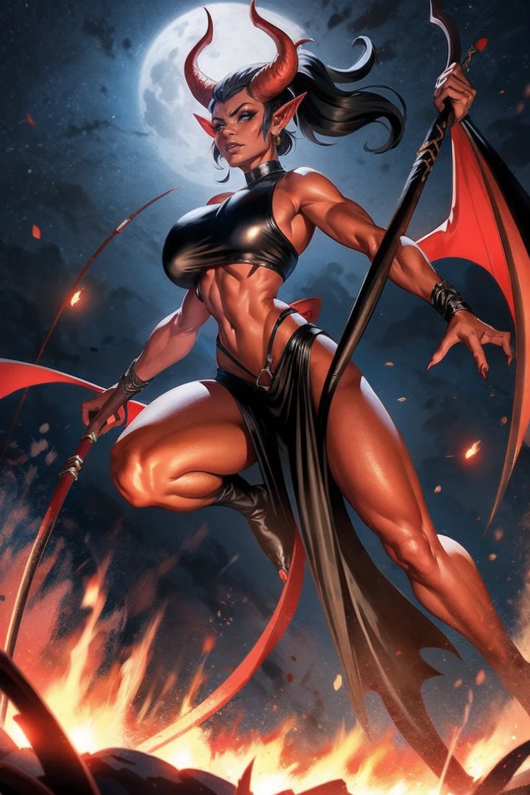 Red skin succubus tiefling, digitigrade legs, full , medium breasts horns, wings, huge tail, black leather, crop top, long flowing pelvic curtain, tall, toned, graceful, thin, long black ponytail. Action scene, whip. Dark scene, explosions, night sky.