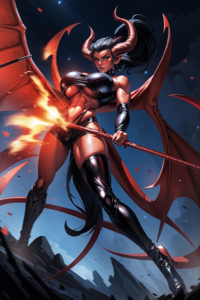 Red skin succubus tiefling, medium breasts, black horns, wings, huge tail, black leather, crop top, long flowing pelvic curtain, tall, toned, graceful, thin, long black ponytail. Action scene, whip. Dark scene, explosions, night sky.