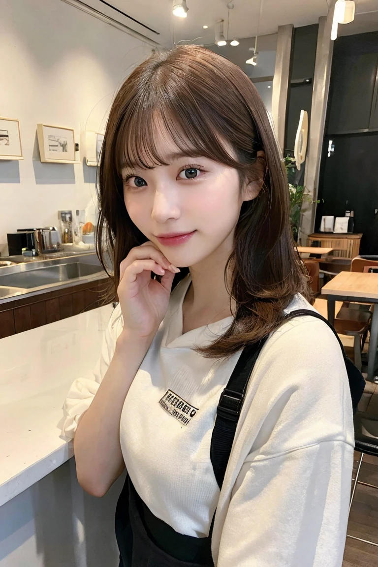 (8K, Raw photo, highest quality, masterpiece:1.2), (realistic, photo-realistic:1.4), (Highly detailed 8K wallpaper), perfect female body, famous japanese idol, 20 year old girl, japanese model, medium short hair, messy hair, light brown hair, hoodie,inside a stylish cafe, I can see other customers enjoying themselves too.。At the back of the cafe、Staff are busy working at the counter