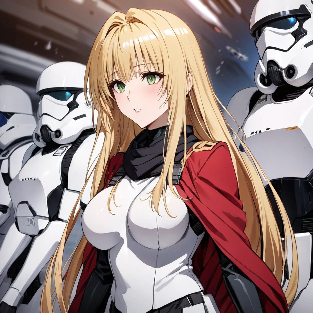 ((Highest quality)), ((masterpiece)), (detailed), (Perfect Face)、The woman is Tier, a beautiful stormtrooper with green eyes and medium-long blonde hair from the comfort women unit, who is lined up in order with other comfort women stormtroopers on an Imperial spaceship and serves Emperor Palpatine in allegiance.