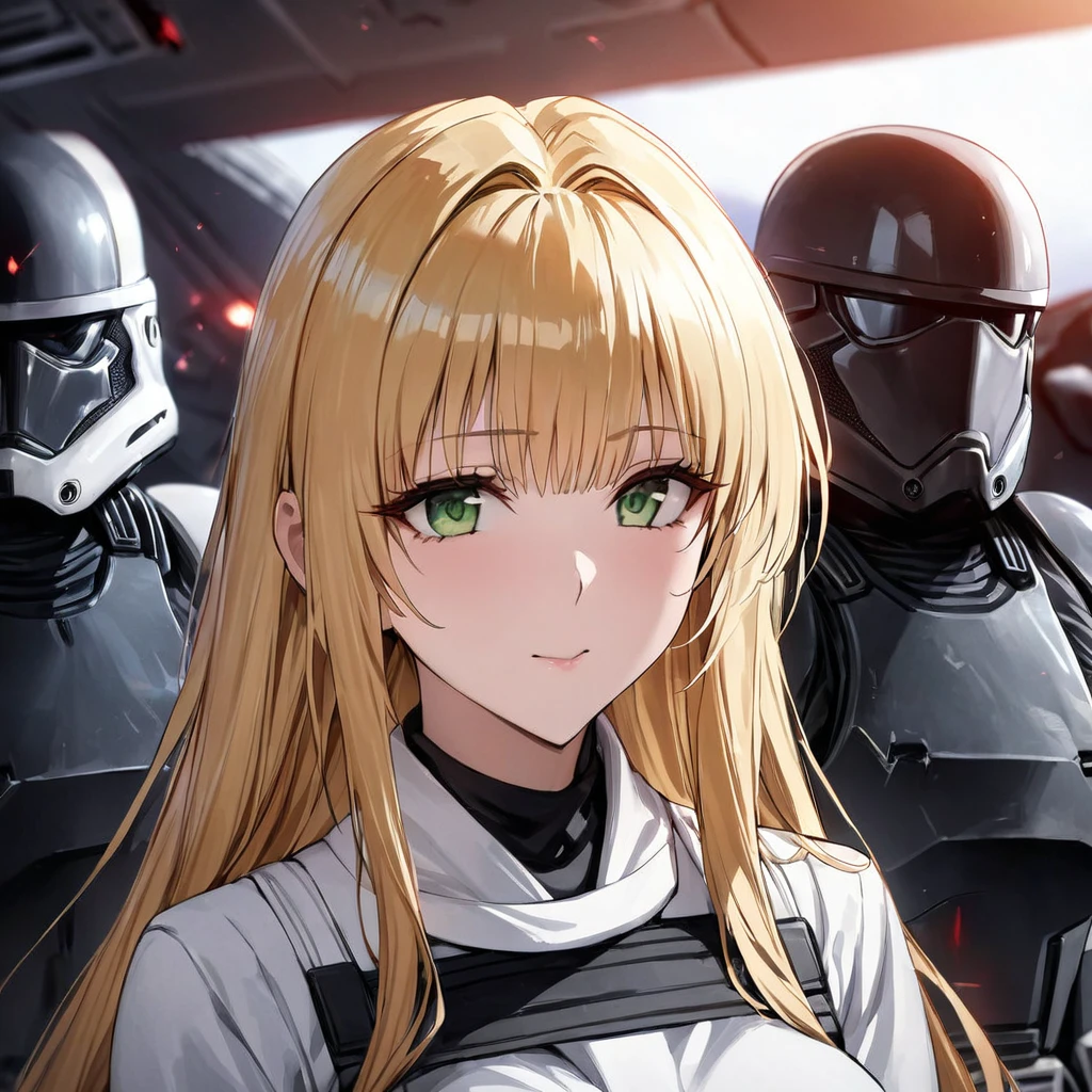 ((Highest quality)), ((masterpiece)), (detailed), （Perfect Face）、The woman is Tier, a beautiful stormtrooper with green eyes and medium-long blonde hair from the comfort women unit, who is lined up in order with other comfort women stormtroopers on an Imperial spaceship and serves Emperor Palpatine in allegiance.