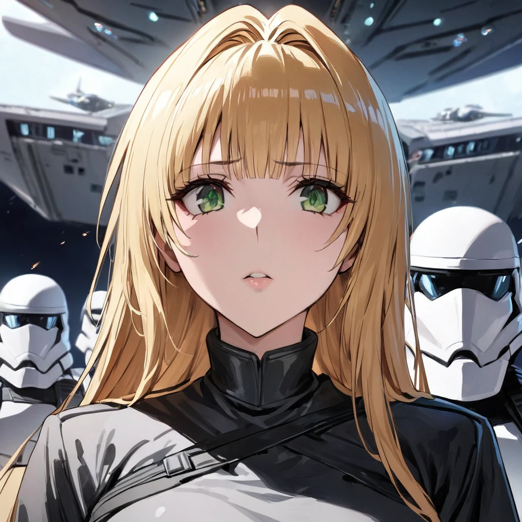 ((Highest quality)), ((masterpiece)), (detailed), （Perfect Face）、The woman is Tier, a beautiful stormtrooper with green eyes and medium-long blonde hair from the comfort women unit, who is lined up in order with other comfort women stormtroopers on an Imperial spaceship and serves Emperor Palpatine in allegiance.