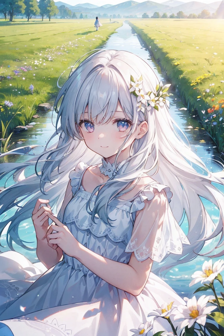 (masterpiece, Highest quality:1.2), One girl, alone, scenery, figure, View your viewers, Outdoor, Depth of field, Light on the face, Portraiture,
sunlight, null, smile, Are standing, Glowing Eyes, Lens flare, countryside, country, Long Hair, Floating Hair, flower, wood, lake, Hills, cloud, White Dress,