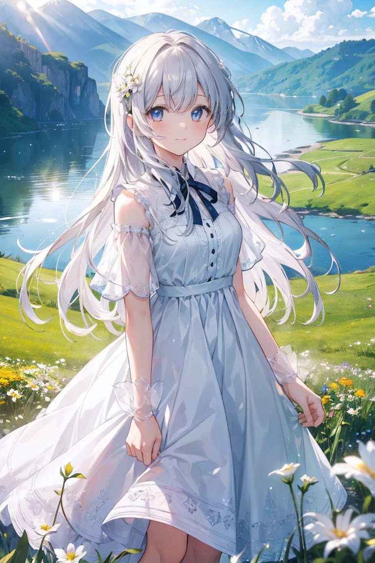 (masterpiece, Highest quality:1.2), One girl, alone, scenery, figure, View your viewers, Outdoor, Depth of field, Light on the face, Portraiture,
sunlight, null, smile, Are standing, Glowing Eyes, Lens flare, countryside, country, Long Hair, Floating Hair, flower, wood, lake, Hills, cloud, White Dress,