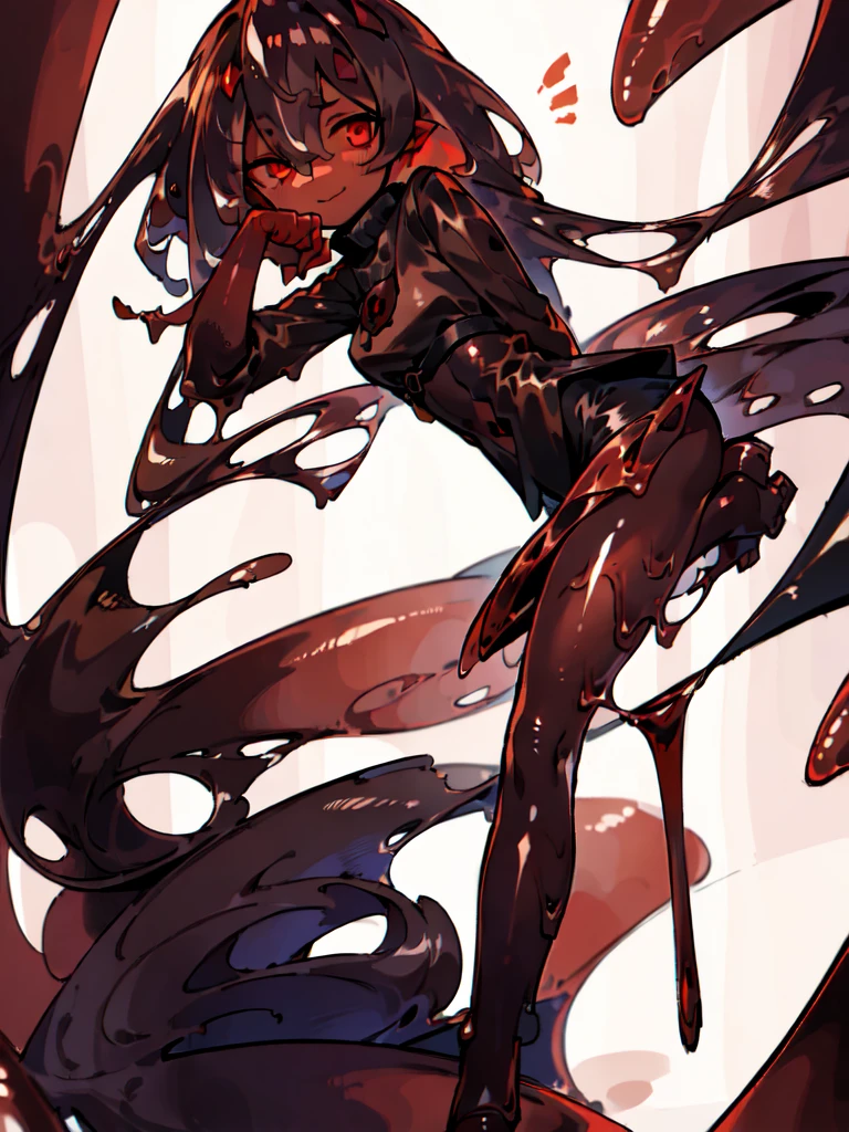 (masterpiece, sidelighting, finely detailed red eyes: 1.2), ((best quality)), ((masterpiece)), (highly detailed:1.3), anime, young girl, , childish body, bodytight shirt, turtleneck, open jacket with long sleeves, latex shorts, red shorts, pale skin, (shadowed eyes, darkened eyes), (smirk, mischevious grin), (long hair, brown hair, messy haircut, hair between eyes, hairclips on left side), ((pantyhose, red stockings, red-black legwear)), earrings, red tatto on left hand, hands behind back, scar on left hip, solo, 1girl, walking down the street,