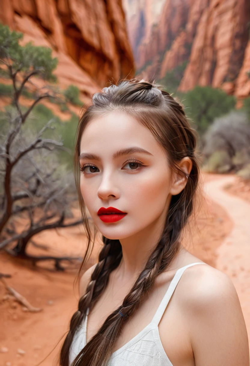 JoSkriver Portrait Photo Beautiful Woman Hair , Hammerhead, Hiking trails in Zion National Park, Full red lips, (masterpiece) (best quality) (detailed) (8K) (Human Development Report) (wallpaper) (light) (Clear focus) (complex)
