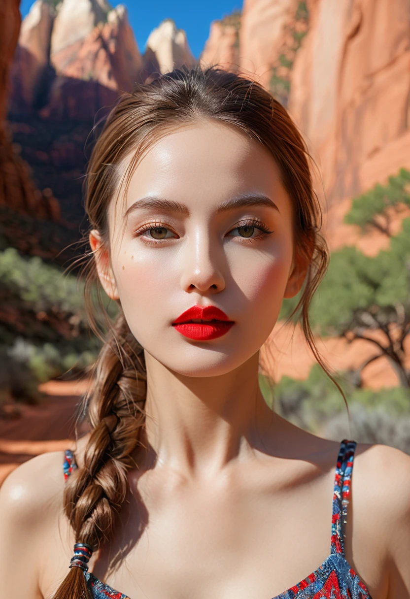 JoSkriver Portrait Photo Beautiful Woman Hair , Hammerhead, Hiking trails in Zion National Park, Full red lips, (masterpiece) (best quality) (detailed) (8K) (Human Development Report) (wallpaper) (light) (Clear focus) (complex)