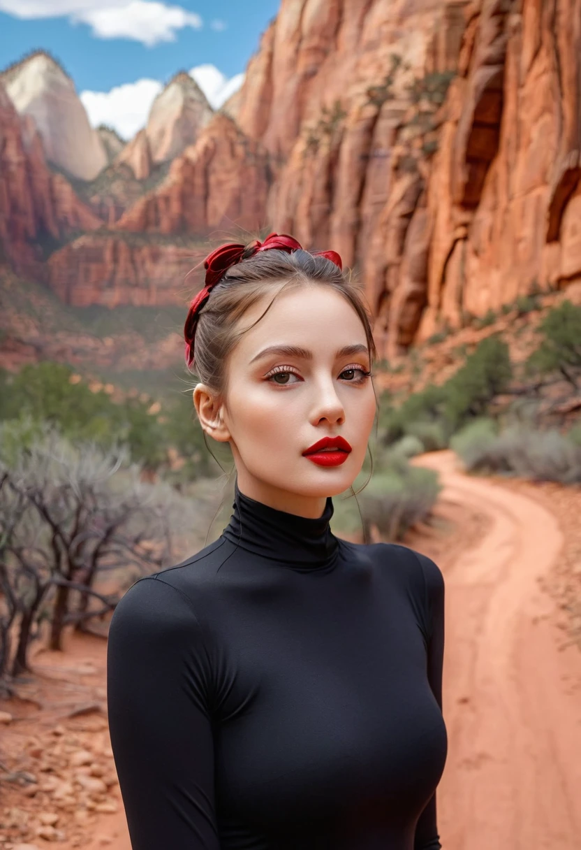 JoSkriver Portrait Photo Beautiful Woman Hair , Hammerhead, Hiking trails in Zion National Park, Full red lips, (masterpiece) (best quality) (detailed) (8K) (Human Development Report) (wallpaper) (light) (Clear focus) (complex)