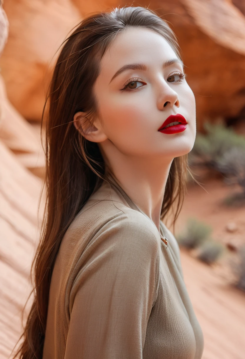 JoSkriver Portrait Photo Beautiful Woman Hair , Hammerhead,  Hiking trails in Zion National Park, Full red lips, (masterpiece) (best quality) (detailed) (8K) (Human Development Report) (wallpaper) (light) (Clear focus) (complex)