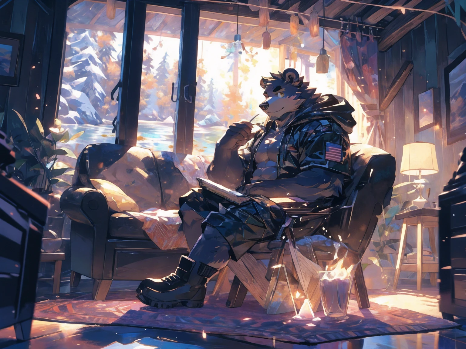 (masterpiece:1.2), best quality,pixiv,official art,perfect anatomy, (Ray tracing, light),solo, (1_male:1.3) , (muscle), (grey fur:1.4), (muscle bear), (beard:1.2), (gleaming golden eyes), bear tail, full body, Thick black eyebrows,(open hooded parka), (naked inside), (cargo shorts:1.2), boots, indoor, cabin , carpet , sitting on sofa , (lake land:1.3)