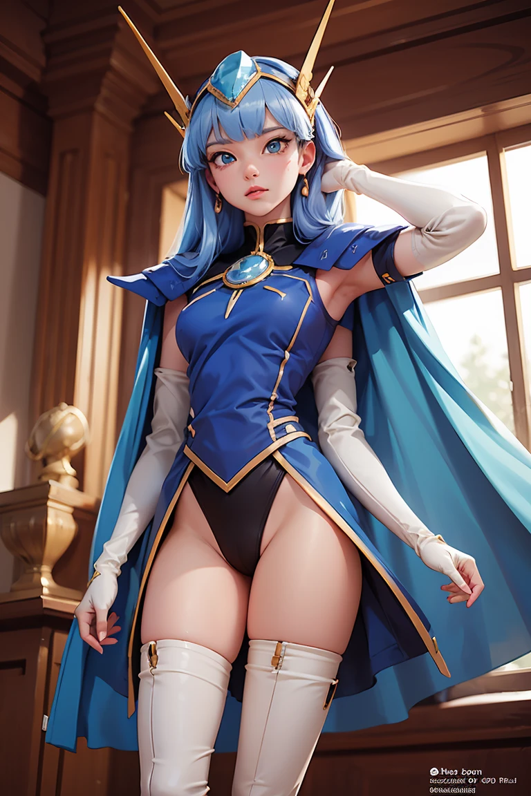 fancy,1girl Umi Ryuuzaki Headgear with Hair Band, blue armor shoulder armor blue cape elbow gloves leotard white socks,camel toe,work of art,noise reduction,Perfect Anatomia,high resolution, ultra detali,CG game,dutch angle ,beautiful detailed eyes,visual artwork,five toes, perfect hands, perfect lighting, nsfw, (.POSE SEXY E SENSUAL)